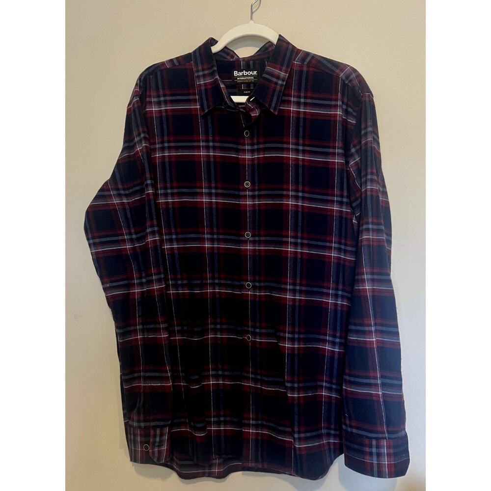 Barbour Plaid Lane Button Up Shirt Slim Fit Men's Size Large Navy Red